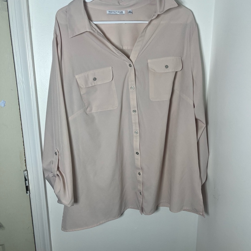 Notations Woman 2X Blush Pink Button Down Blouse Roll Tab Sleeve Work Top